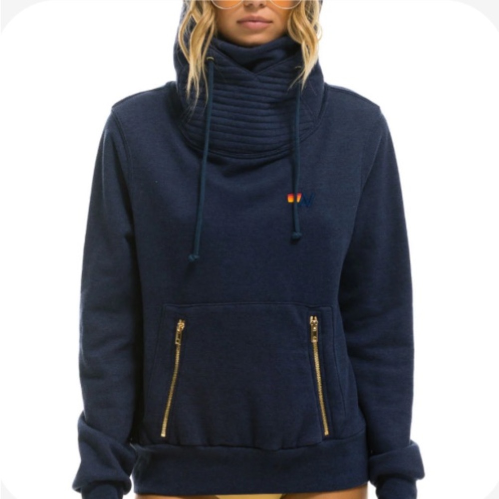 Aviator Nation Navy Pullover Hoodie with Gold Zippers